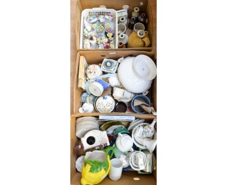 Three boxes of assorted ceramics, including Doulton Lambeth bottles, Spode, Aynsley, Wedgwood etc 