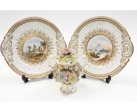 Two twin handled hand painted cabinet plates, with a twin handled floral pedestal sucrier and cover (af) (3) 