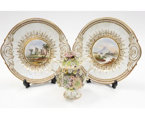 Two twin handled hand painted cabinet plates, with a twin handled floral pedestal sucrier and cover (af) (3) 