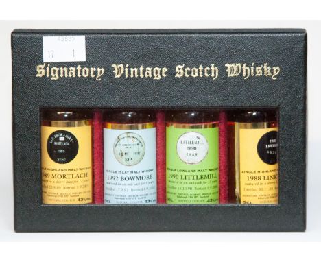Signatory Vintage Scotch whisky miniatures, including 1989 Mortlach, 1992 Bowmore, 1990 Littlemill, 1988 Linkwood, boxed (4)
