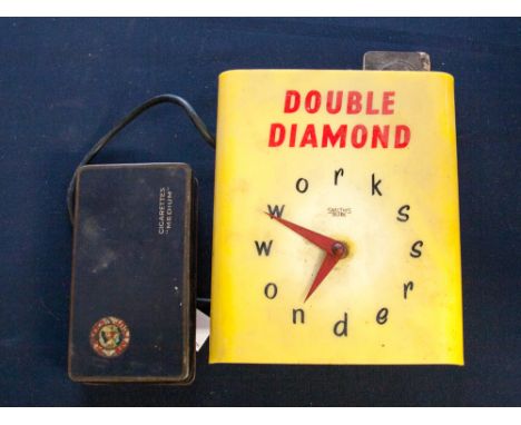 An electric 'Double Diamond' advertising clock - perspex by Smiths electric and a Players cigarette tin (2) 