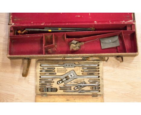 A canvas and leather case and fitted box of precision tools for metalwork (2) 