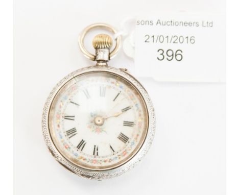 A ladies' pocket watch - silver case, Birmingham 1911, decorated enamel dial 