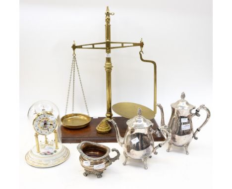 A George IV old Sheffield plate milk jug, plated coffee pots, clock and brass scales (5)