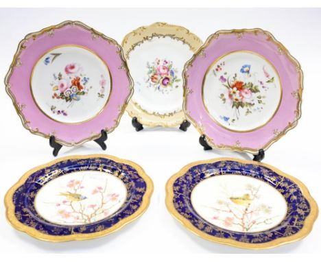 A pair of late 19th Century Wedgwood bone china cabinet plates, gilt wavy rims surrounding a blue border printed in gilt with