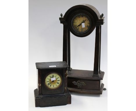 A slate and marble mantle clock and a Regency style Edwardian bedroom clock with drawer and pendulum (2) 