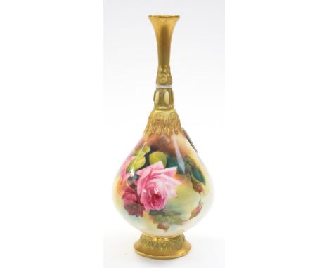 A Royal Worcester baluster vase, hand painted with pink roses, buds and foliage, gilt neck and foot rim, shape no. H304, date