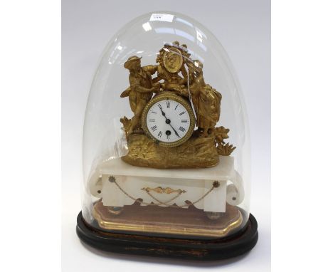 A late 19th Century gilt metal bracket clock, on a plinth under a glass dome (key and pend) (3) 