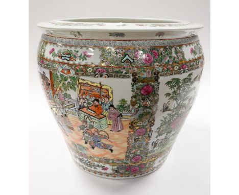 A very large 20th Century Chinese famille rose fish bowl profuse gilt and polychrome enamel decoration with figures, exotic b