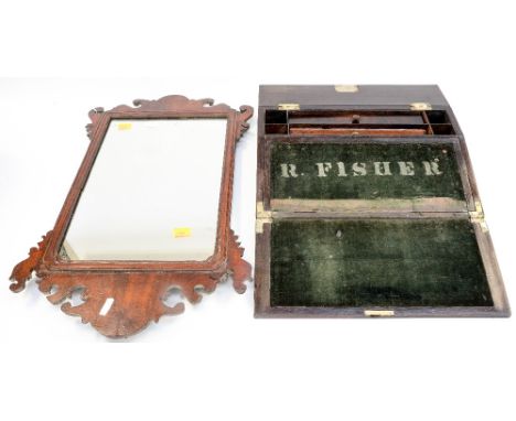 A military style rosewood writing slope with brass inlay and inset handle R.. Fisher printed to the velvet with key, original