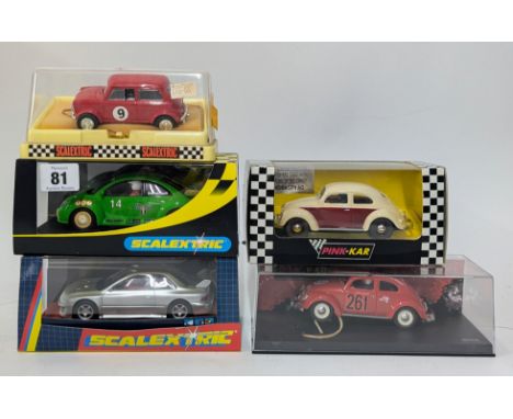 Scalextric, C2234 - 'VW Beetle - Mobil 1. No 14' with 2 Scalextric models and 2 Pink-Kar automobile models, all boxed. (5)