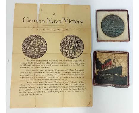 Sinking of the SS Lusitania, 1915, a cast English replica of the medal by K. Goetz, with original card box and leaflet.