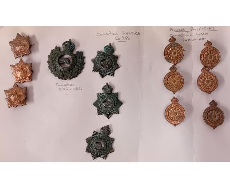 A collection of 20th Canadian century cap badges, to include a Canadian Service Corps, Canadian Engineers, Princess Patricia'