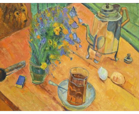                    LAMBERECHTS ,             Frans    Modernes Stillleben mit orangem TischtuchÖl/Leinwand. Unsigniert. 20. 