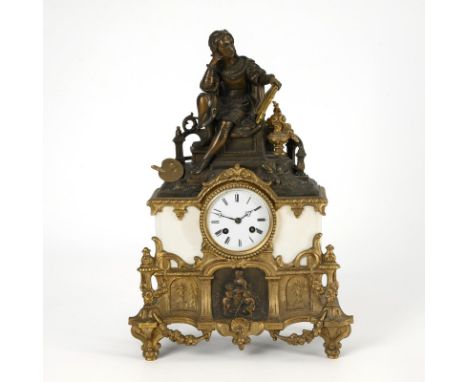             "Pendule romantique" mit Künstlerfigur. 2. H. 19. Jh. Werk-Nr. 884. Ungemarktes Werk mit Halbstundenschlag auf Gl