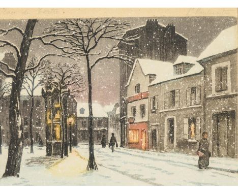                     UNDEUTLICH SIGNIERT,     Montmatre - Place du Tertre, im WinterFarbradierung. 14 x 20,5 cm. Gerahmt & hin