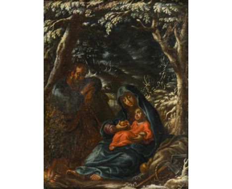             Ruhe auf der Flucht im WinterÖl/Eisenblech. Unsigniert. 18. Jh. 28,5 x 23,5 cm. Gerahmt : 47,5 x 41 cm (schwarzer