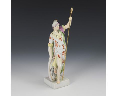 Minerva. Closter Veilsdorf. Ungemarkt, um 1765.Polychrom bemalt, goldstaffiert. H 23 cm. Stehende Figur der Göttin mit Helm, 