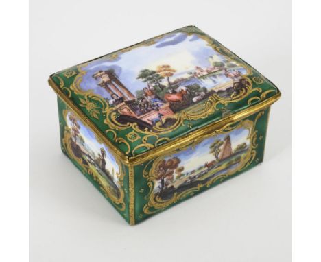 Emaildose mit Landschaftsmalerei. Staffordshire. Um 1770.             Kupfer, weißes Email mit grünem Fond, goldstaffierte Ka