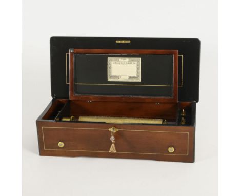 Walzenspieldose mit 6 Melodien. Nicole Frères, Geneve. Werk und Zungenkamm gemarkt, Serien-Nr. "42950". Baujahr 1872. Schweiz