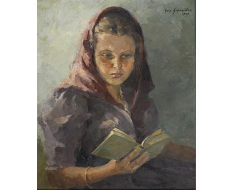                     SCHNEIDER,             Brigitte(1921 Niederpöcking/Starnberg - 2000 München)    Lesende junge FrauÖl/Hart
