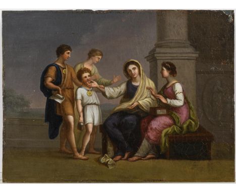             Klassizistische GenreszeneÖl/Eisenblech. Unsigniert. 19. Jh. 29 x 39 cm; 0,8 kg.             Mehrere Personen in 