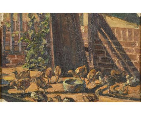                     HÜNTEN,             Max(1869 Düsseldorf - 1936 Zingst)    Skizze mit StubenkükenÖl/Leinwand. Unsigniert, 