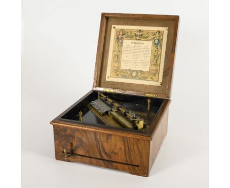 Lochplatten-Spieldose. Symphonion. Firmenzettel, Werk mit Serien-Nr. "52976". Ende 19. Jh.             Nussbaum furniert. 18 