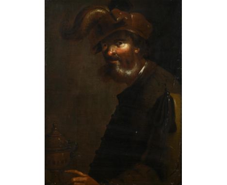             Barockes Herrenporträt mit Barett und ZiergefäßÖl/Leinwand. Unsigniert, auf Rahmenschild als "Christian Wilhelm E
