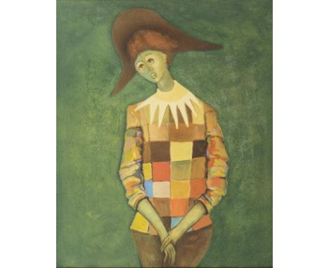             PierrotMischtechnik. Unsigniert. 20. Jh. 49,5 x 40 cm. Gerahmt : 56,5 x 47,5 cm (Goldstuckrahmen); 2 kg.         