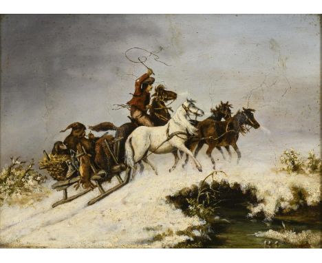             Schlittenfahrer im WinterÖl/Leinwand. Unsigniert. Anfang 20. Jh. 23,5 x 31,5 cm. Gerahmt : 32 x 40,5 cm (Goldstuc