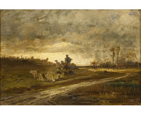                     MÜHLIG,             Hugo(1854 Dresden - 1929 Düsseldorf)    Freilichtskizze mit SchafherdeÖl/Leinwand/Kar