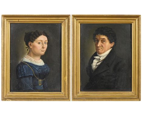             Bildnispendants Stobwasser UmkreisJe Öl/Eisenblech. Je unsigniert. Je Mitte 19. Jh. Je 33 x 25 cm. Gerahmt : Je 3