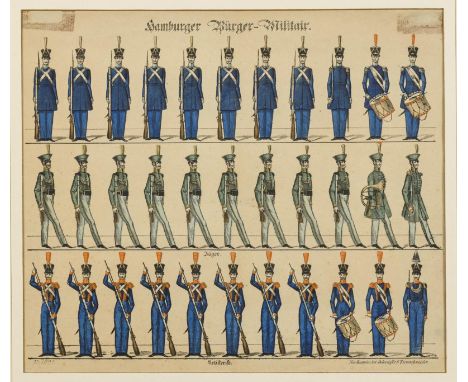             "Hamburger Bürger-Militär"Kolorierte Lithografie. 32 x 37 cm. Gerahmt & hinter Glas : 52 x 57 cm / 2 kg.         