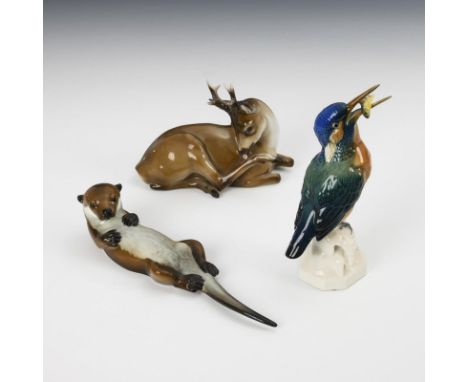 Rehbock, Fischotter und Eisvogel.             Unterglasurbemalung und Aufglasurbemalung.             1x ROSENTHAL, Modell-Nr.