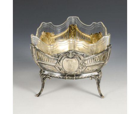 Jugendstil-Silberschale mit Glaseinsatz. Wilhelm Binder, Schwäbisch Gmünd. Halbmond/Krone/800/Firmenzeichen gepunzt. Datiert 