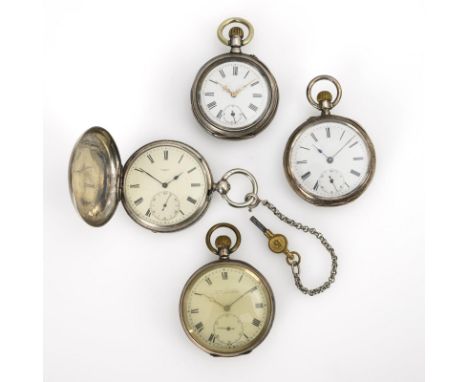             4 silberne Taschenuhren. 2. Hälfte/Ende 19. Jh. 3 Werke mit Ankerhemmung, 1 mit Zylinderhemmung. 3x Kronenaufzug,