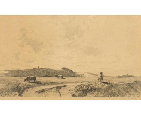                     UBBELOHDE,             Otto(1867 - 1922)    Weite Landschaft mit RindernRadierung. Im Druck signiert. 22 