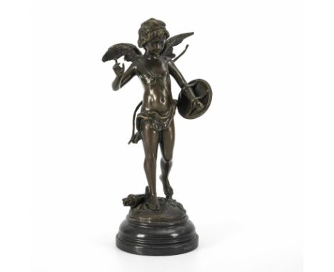                     MOREAU,             A    AmorBronze patiniert, schwarzer Marmor-Sockel. Bezeichnet, Gießermarke „J.B. Dep