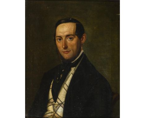             Biedermeier-Herrenbildnis "Gastwirt Ludwig Brandt"Öl/Leinwand. Unsigniert, verso bezeichnet. Mitte 19. Jh. 32 x 2