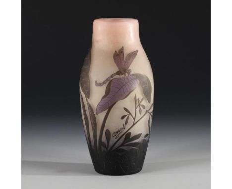 Seltene Jugendstil-Vase mit Libellendekor. Arsall. Vereinigte Lausitzer Glaswerke, signiert, 1918-1929.             Farbloses