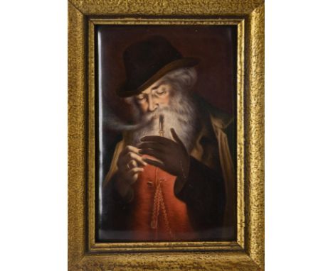 Porzellangemälde: Pfeifenraucher. KPM Berlin. Geprägte Zeptermarke KPM, Ende 19. Jh. Signiert "M. Eichhorn".             Poly