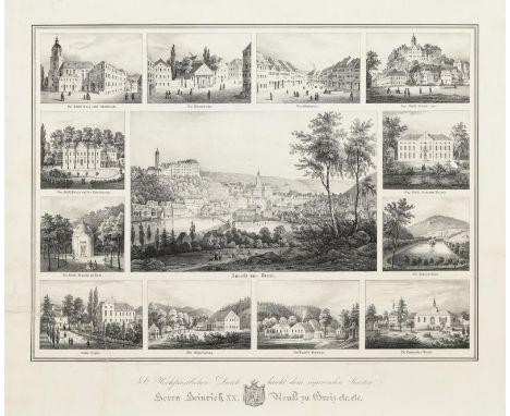             Ansicht GreizLithografie. Blatt 46,5 x 55,5 cm.             13 Abbildungen auf einem Blatt.    Fachmännisch resta
