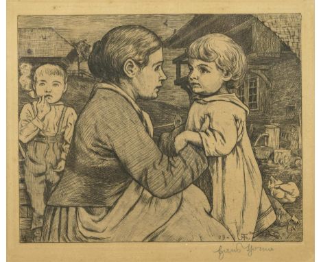                     THOMA,             Hans(1839 - 1924)    Mutter und KinderRadierung. Bleistiftsignatur, rechts unten im Dr