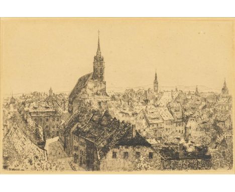                     (ULBRICHT?),     Ansicht Bautzen, Petri DomRadierung. Unsigniert. 20. Jahrhundert. 15 x 23 cm. Gerahmt & 