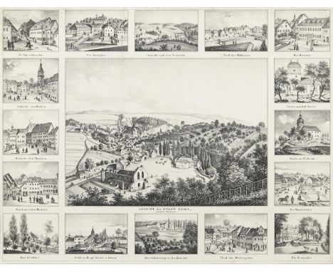             Ansicht Stadt RodaLithografie. 1838. Blatt 41,5 x 53 cm.             17 Ansichten auf einem Blatt, gezeichnet von