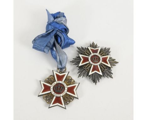 2x Orden der Krone von Rumänien. Wohl um 1900. Rumänien.                         Bruststern und Halsdekoration ohne Band. Bru