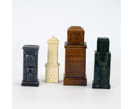 4 Puppenstuben-Kachelöfen.             Keramik, farbig glasiert. H 15 - 22 cm.             2 Modellöfen und 2 als "Spardose" 