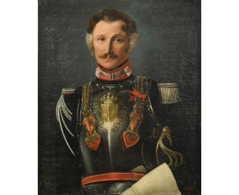            Französischer Maler: Bildnis eines OffiziersÖl/Leinwand. Rechts unten undeutlich signiert. 1829. 84 x 70 cm. Gera