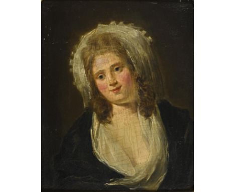             Bildnis einer Dame mit HaubeÖl/Holz. Unsigniert. 19. Jh. 19,5 x 16 cm. Gerahmt : 28 x 24 cm (Goldstuckrahmen); 0,